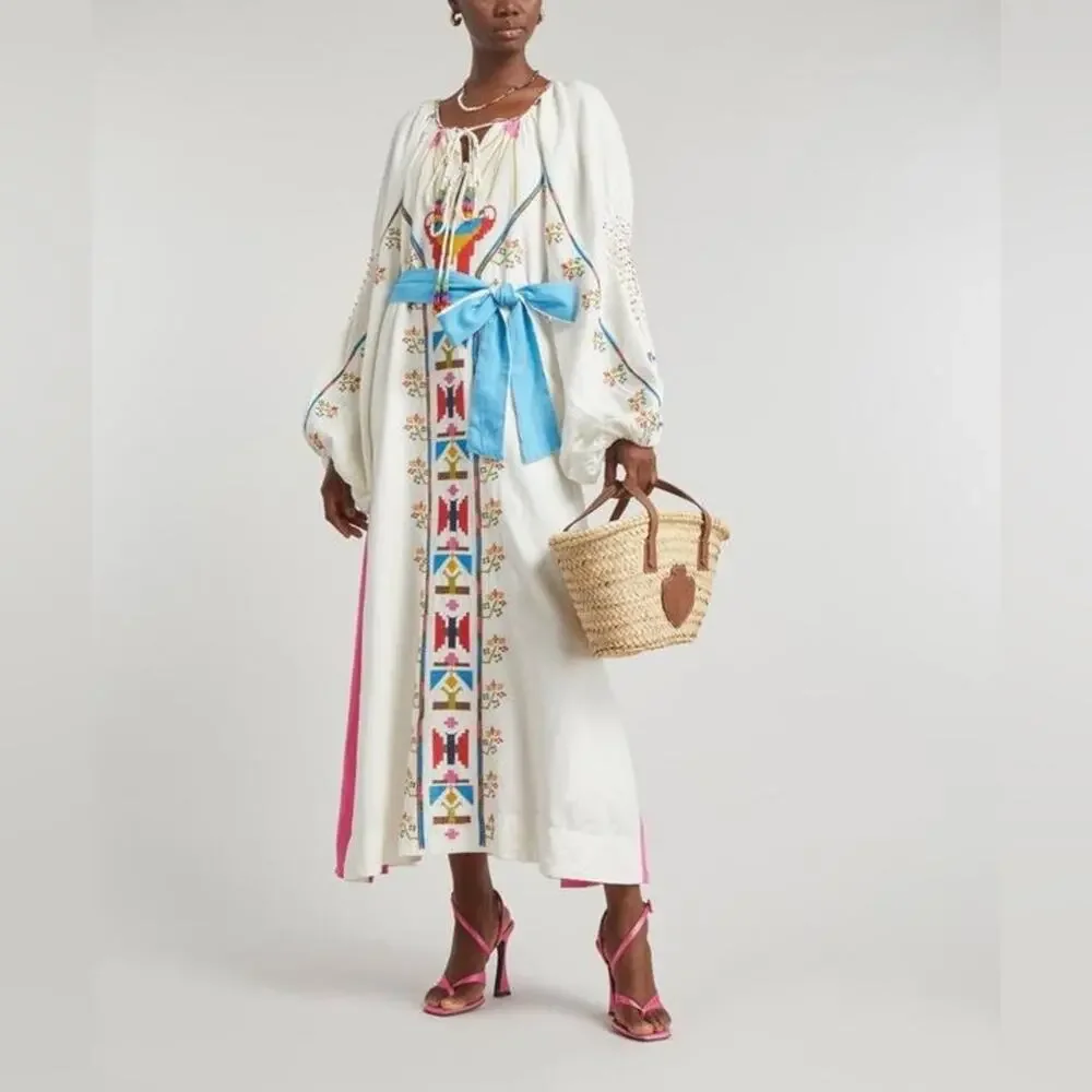 Farm Rio Macaw Embroidered Linen Caftan Midi-Dress